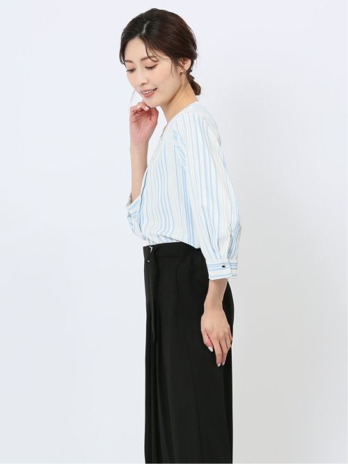 プリント キーネック 7分袖プルオーバーブラウス