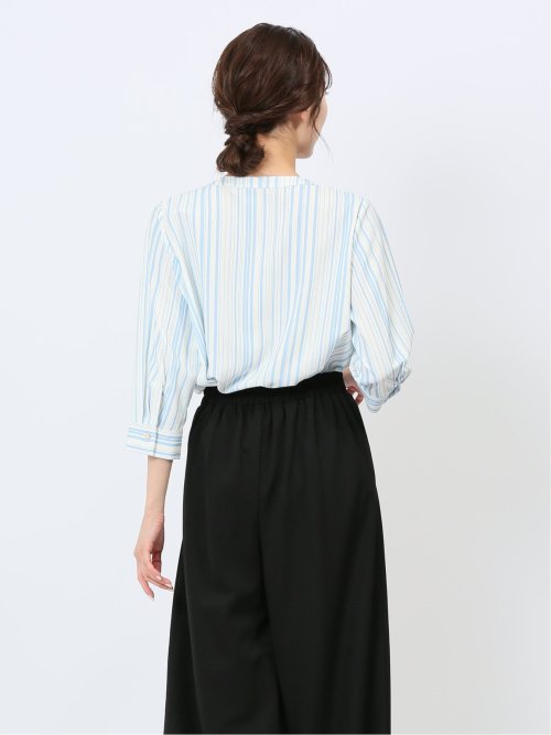 プリント キーネック 7分袖プルオーバーブラウス