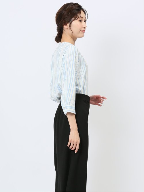 プリント キーネック 7分袖プルオーバーブラウス