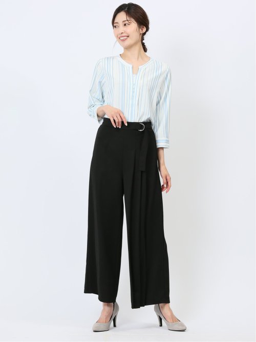 プリント キーネック 7分袖プルオーバーブラウス