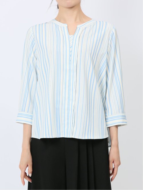 プリント キーネック 7分袖プルオーバーブラウス