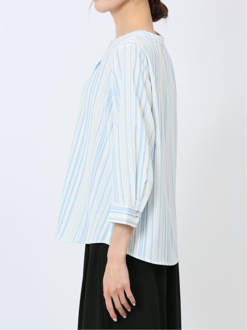 プリント キーネック 7分袖プルオーバーブラウス