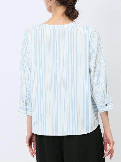 プリント キーネック 7分袖プルオーバーブラウス