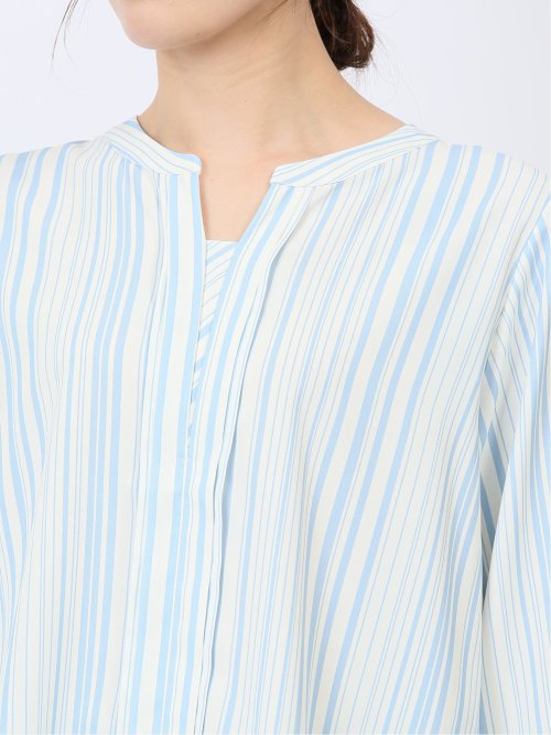 プリント キーネック 7分袖プルオーバーブラウス