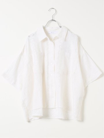 レース 衿付き 半袖 オーバー シャツ ブラウス