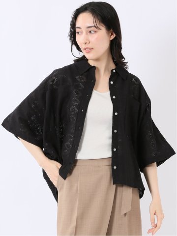 レース 衿付き 半袖 オーバー シャツ ブラウス