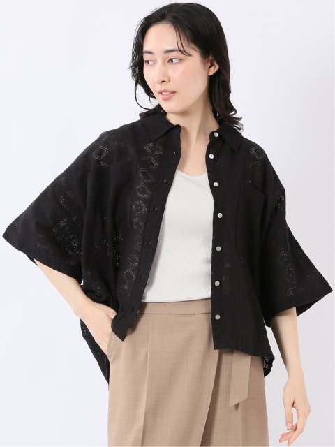 レース 衿付き 半袖 オーバー シャツ ブラウス