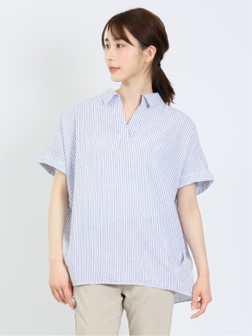 リネン混ストライプ柄 半袖シャツチュニック
