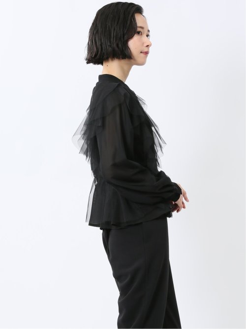 フリル 前開き 長袖ブラウス