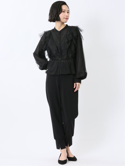 フリル 前開き 長袖ブラウス