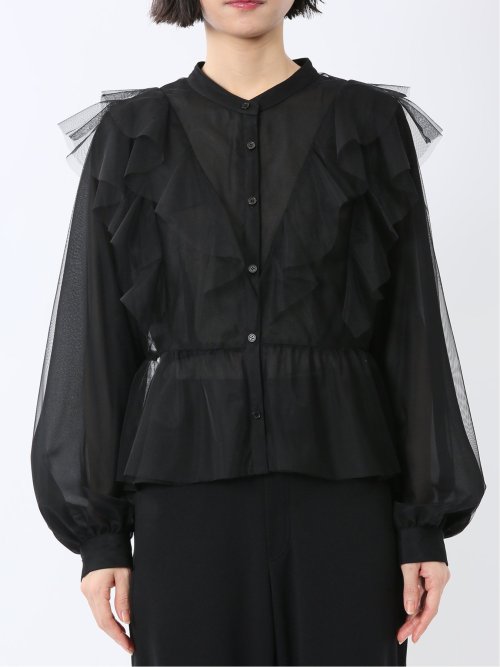 フリル 前開き 長袖ブラウス