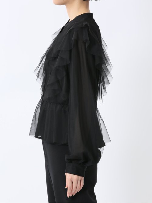 フリル 前開き 長袖ブラウス