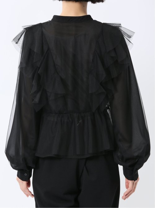 フリル 前開き 長袖ブラウス