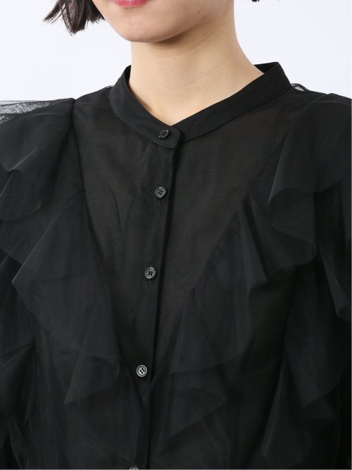 フリル 前開き 長袖ブラウス