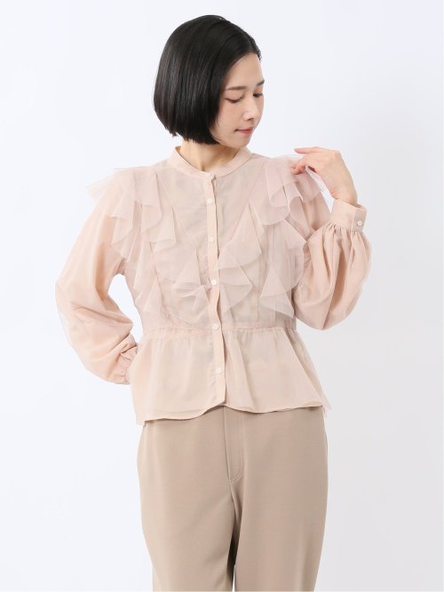 フリル 前開き 長袖ブラウス