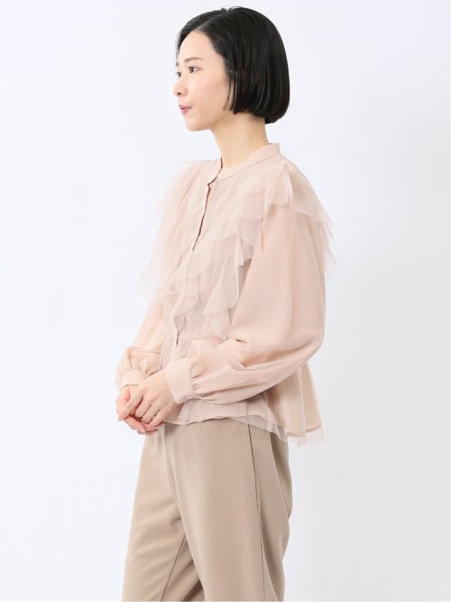 フリル 前開き 長袖ブラウス