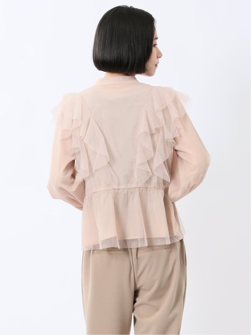 フリル 前開き 長袖ブラウス