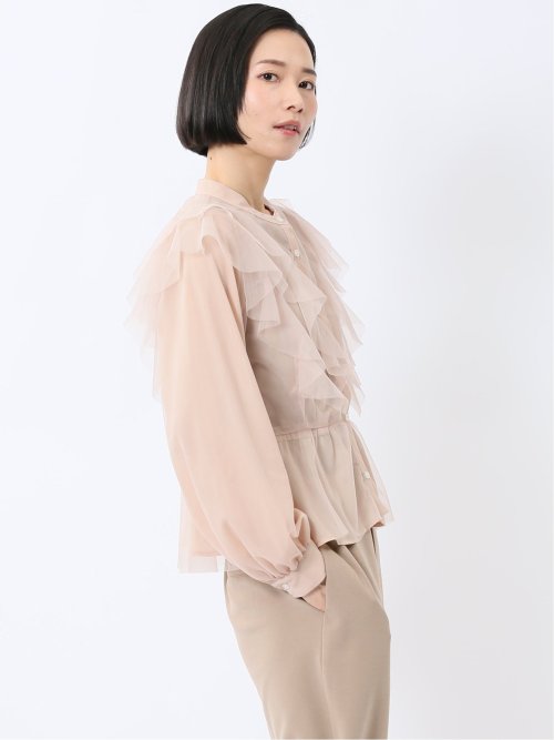フリル 前開き 長袖ブラウス