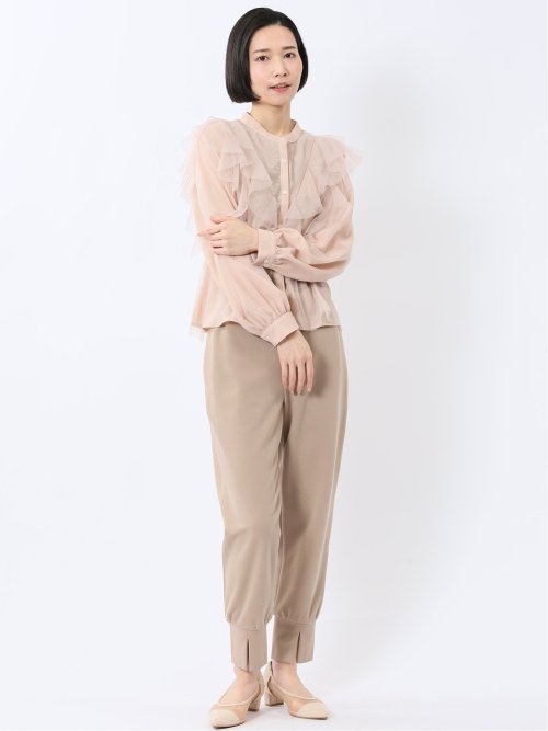 フリル 前開き 長袖ブラウス