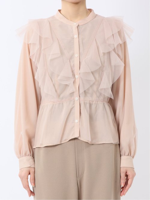 フリル 前開き 長袖ブラウス