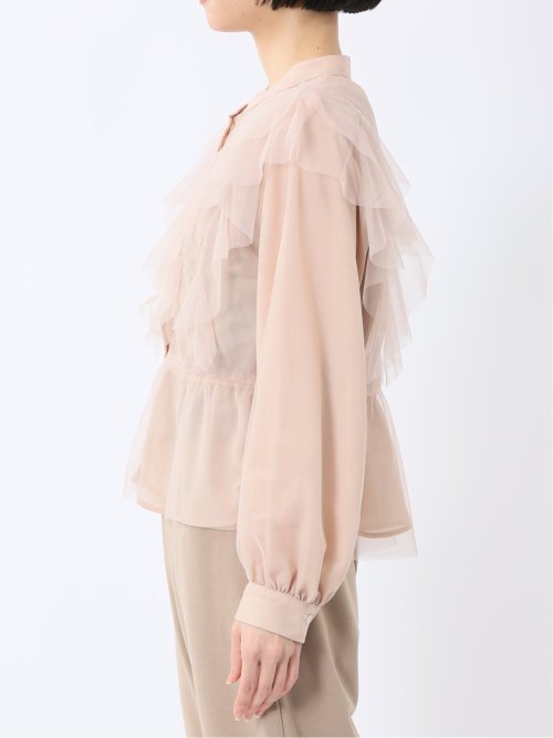 フリル 前開き 長袖ブラウス