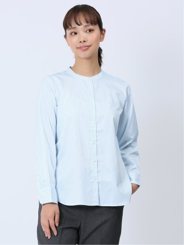 【WEB限定】形態安定 ストライプ柄 バンドカラー長袖ブラウス
