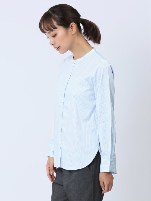 【WEB限定】形態安定 ストライプ柄 バンドカラー長袖ブラウス