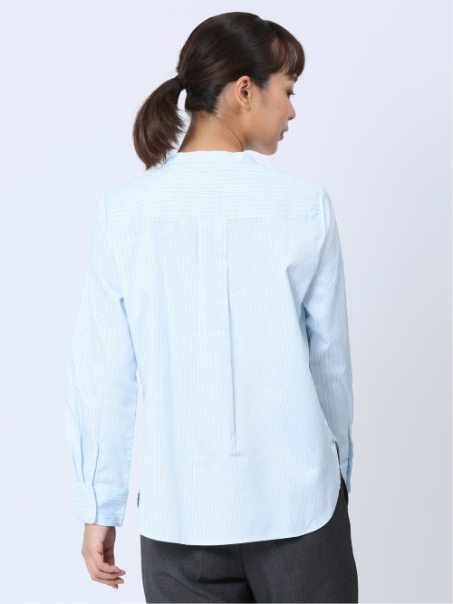 【WEB限定】形態安定 ストライプ柄 バンドカラー長袖ブラウス