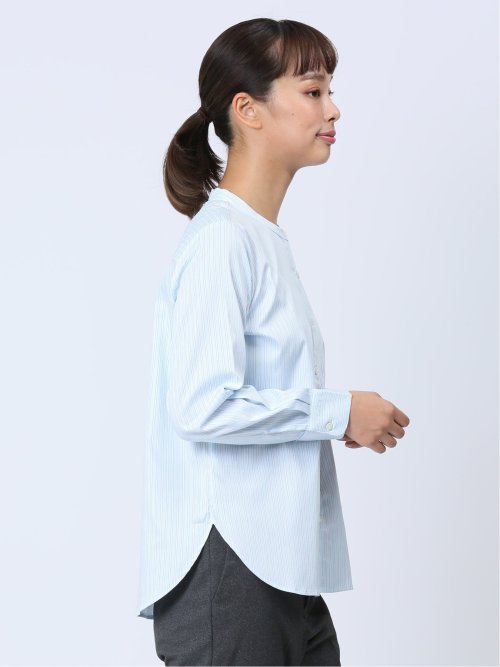 【WEB限定】形態安定 ストライプ柄 バンドカラー長袖ブラウス