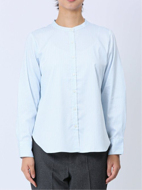 【WEB限定】形態安定 ストライプ柄 バンドカラー長袖ブラウス