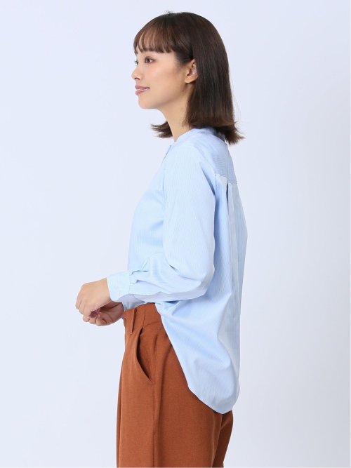 【WEB限定】形態安定 ストライプ柄 バンドカラー長袖ブラウス