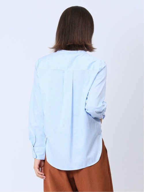 【WEB限定】形態安定 ストライプ柄 バンドカラー長袖ブラウス