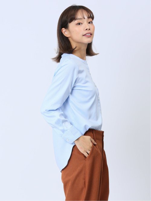 【WEB限定】形態安定 ストライプ柄 バンドカラー長袖ブラウス