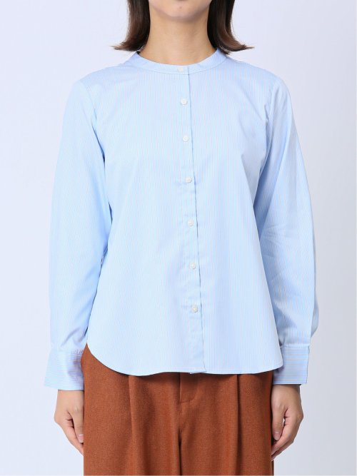 【WEB限定】形態安定 ストライプ柄 バンドカラー長袖ブラウス