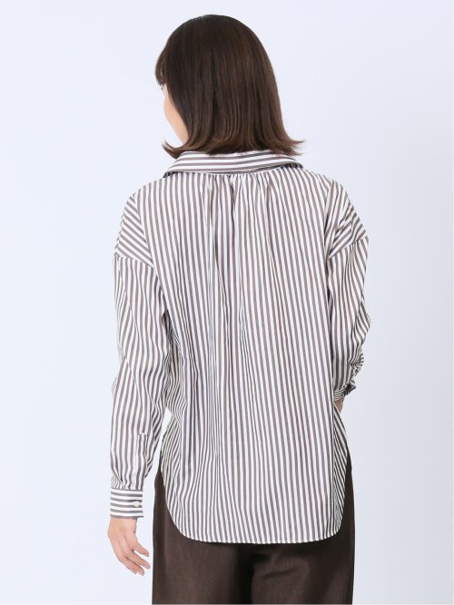 【WEB限定】形態安定 ストライプ柄 スキッパープルオーバー長袖ブラウス