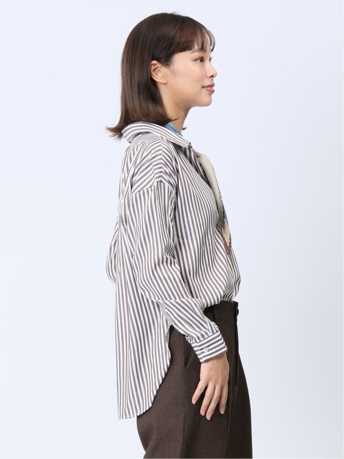 【WEB限定】形態安定 ストライプ柄 スキッパープルオーバー長袖ブラウス