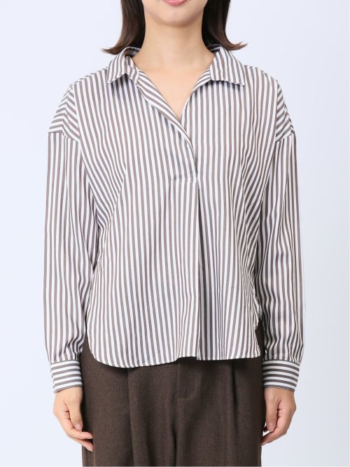 【WEB限定】形態安定 ストライプ柄 スキッパープルオーバー長袖ブラウス