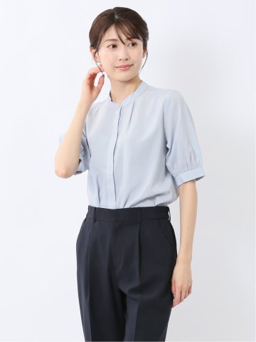 バンドカラー パフスリーブ 比翼ブラウス