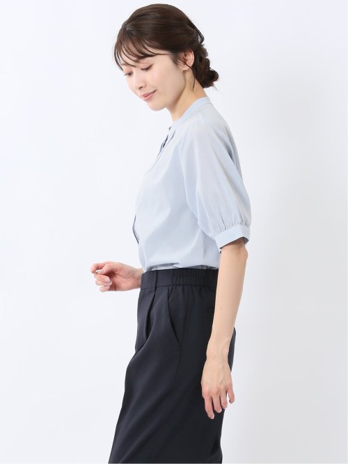 バンドカラー パフスリーブ 比翼ブラウス