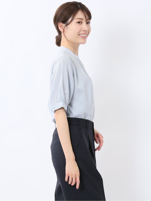 バンドカラー パフスリーブ 比翼ブラウス