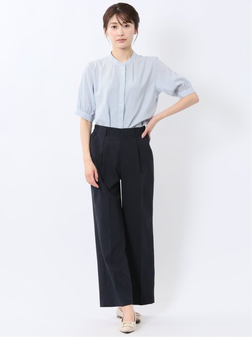 バンドカラー パフスリーブ 比翼ブラウス