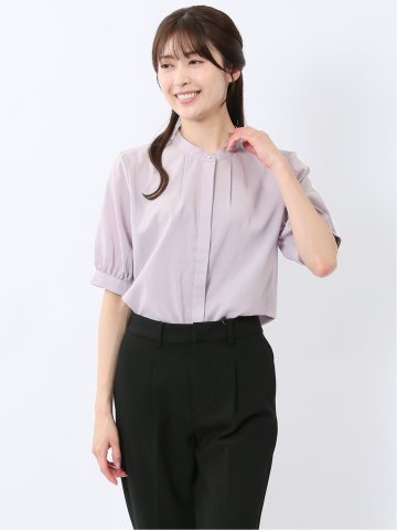 バンドカラー パフスリーブ 比翼ブラウス