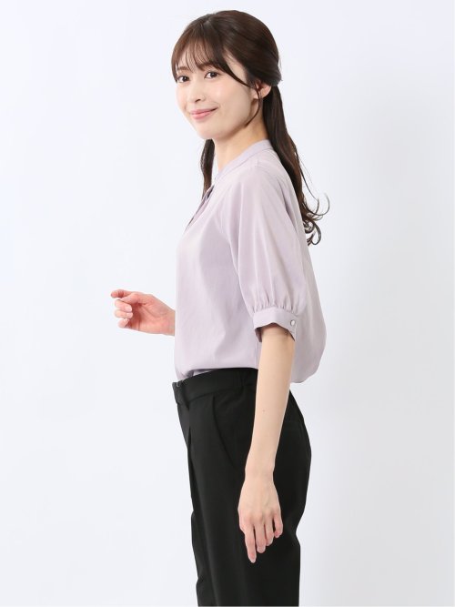 バンドカラー パフスリーブ 比翼ブラウス