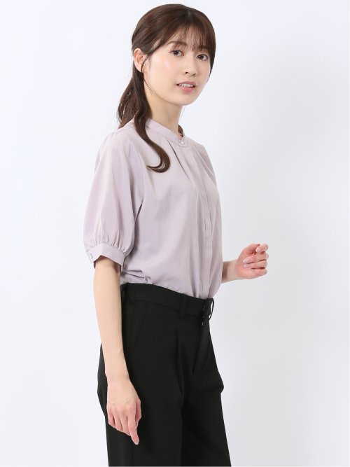 バンドカラー パフスリーブ 比翼ブラウス