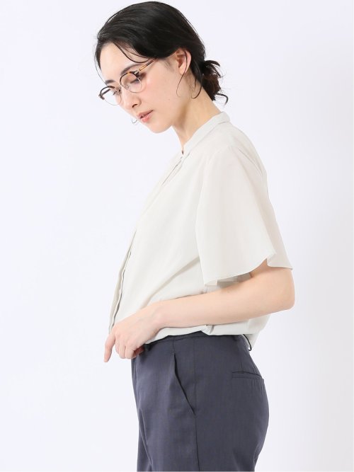 ストレッチ 吸水速乾 抗菌防臭 バンドカラー フレアスリーブ 比翼 ブラウス