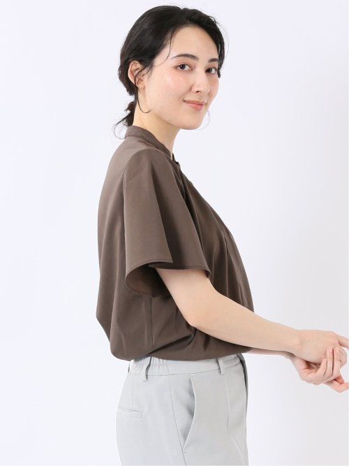 ストレッチ 吸水速乾 抗菌防臭 バンドカラー フレアスリーブ 比翼 ブラウス