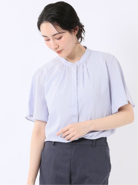 ストレッチ 吸水速乾 抗菌防臭 バンドカラー フレアスリーブ 比翼 ブラウス