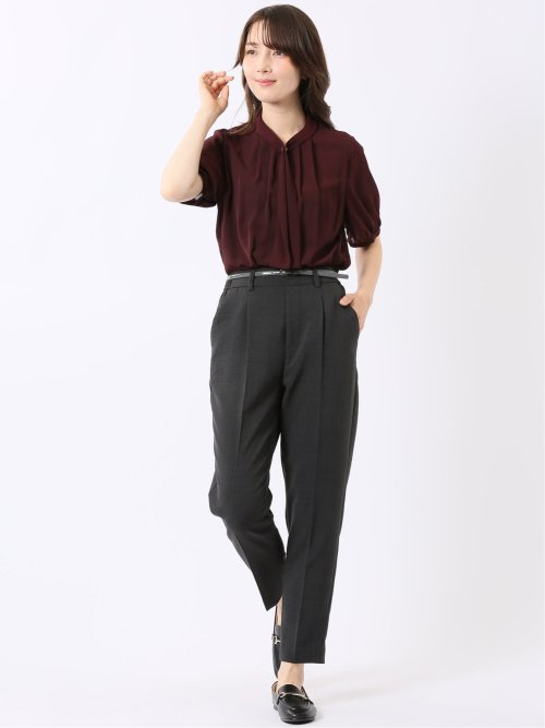 テーパード パンツ レディース 接触冷感 ベルト ワンタック 麻調 リネン風 スラリッチ