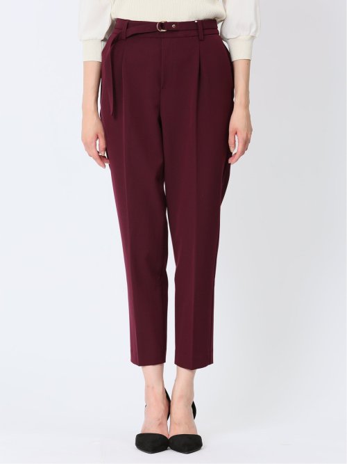 レーヨン混ストレッチ ベルト付きテーパードパンツ