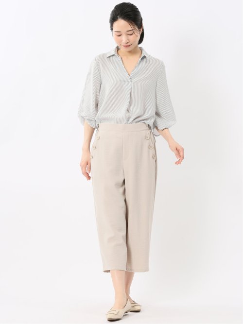 麻調合繊 ボタン付き クロップドパンツ(セットアップ可能)